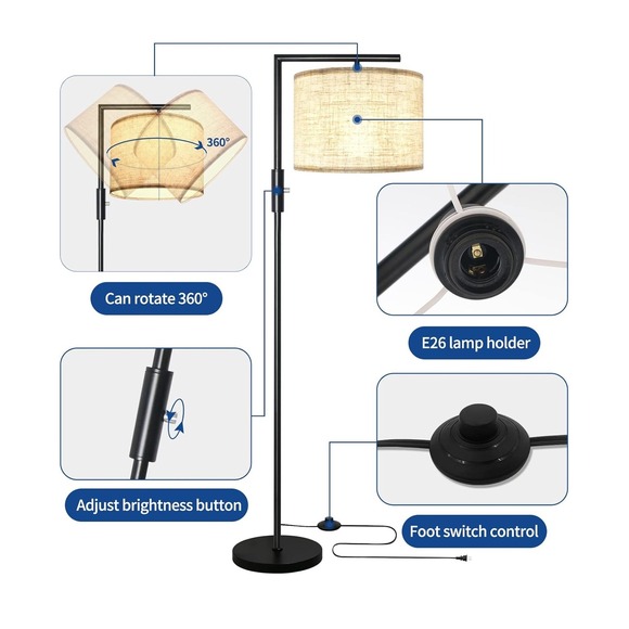 Modern Floor Lamp with Adjustable Brightness & Rotating Shade, Black Finish - Picture 4 of 5